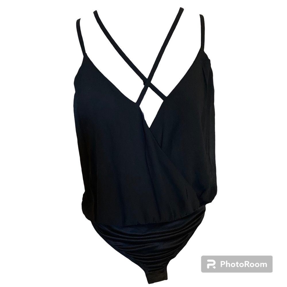 TOBI Bodysuit Caged Strap Front in Black V neck